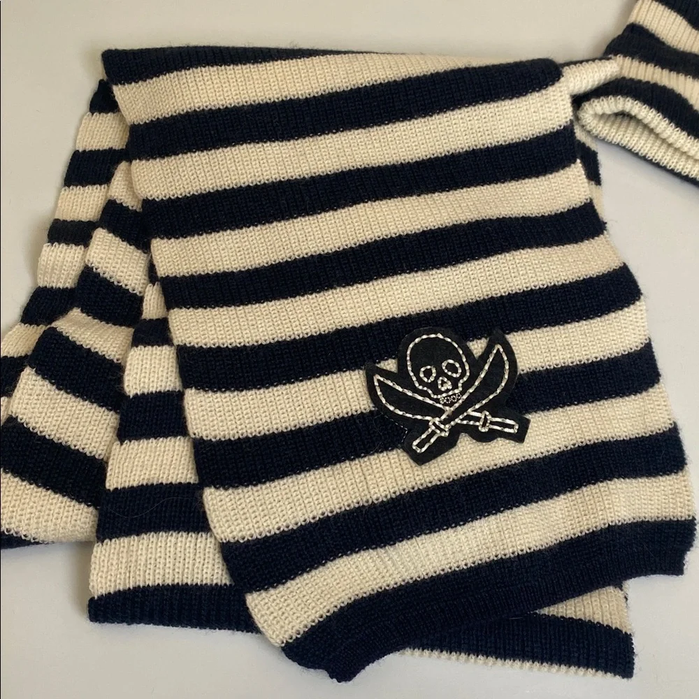 Crewcuts Scarf and Hat Set NWT Blue Ivory Stripe Unisex Wool Blend Skull Warm
